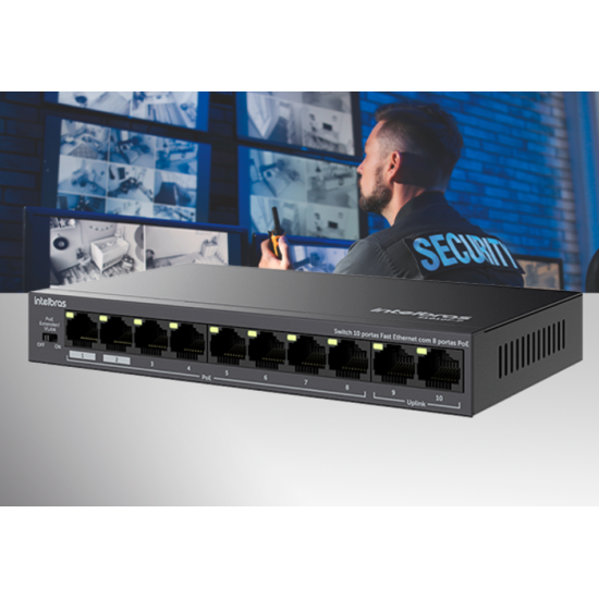 Switch 10 portas fast ethernet com 8 portas PoE+ - S1010F-P Switch 10 portas fast ethernet com 8 portas PoE+ - S1010F-P